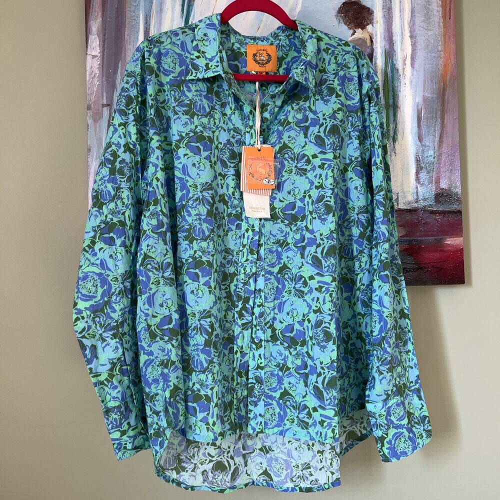Coniglio Palm OS Beach Feonies Jade Lagoon Classic 100% Cotton Shirt NWT